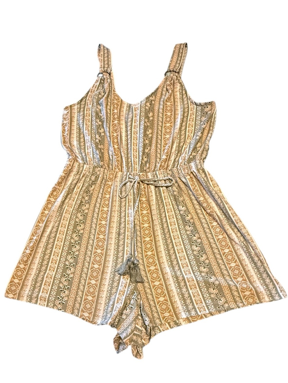 Derek heart - Striped Tie-Waist women's Romper - Tan Pattern